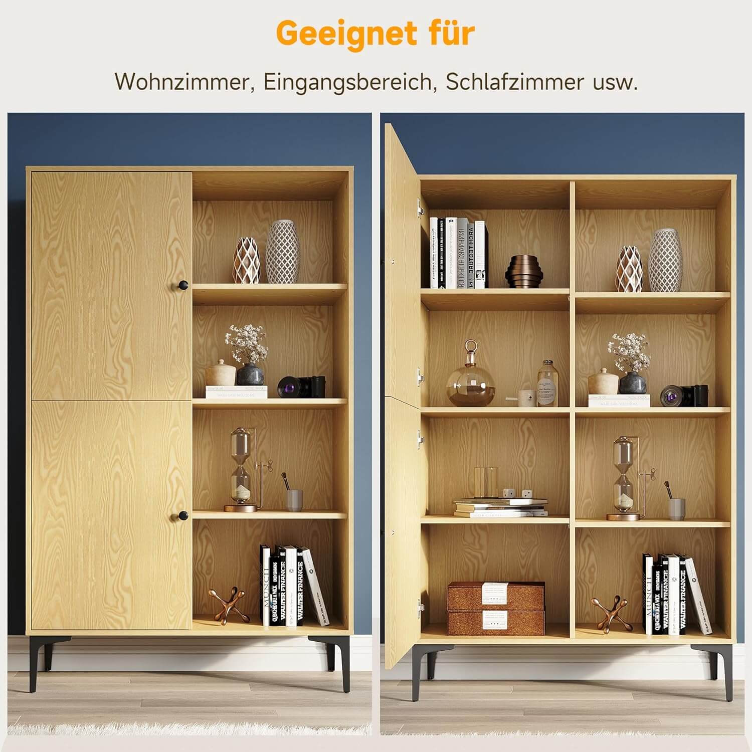 SONNI Vitrinenschrank, Schrank, Bücherschrank, Hochschrank mit 8 Fächern, 2 Türen, 2 höhenverstellbaren Regal für Wohnzimmer, Schlafzimmer, Küche, Esszimmer, Büro, Holzfarbe, 100 x 35 x 160 cm