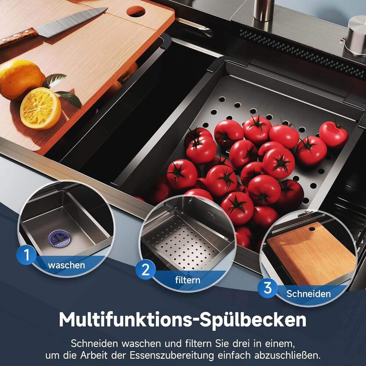 SONNI Spülbecken Einbauspüle Küchenspüle Waschbecken Küche Edelstahl 75/80 x 45 x 23 cm, Waterfall Spüle Küche Schwarz ohne/mit Temperaturanzeige und Abtropffläche - Sonni Sanitär GmbH