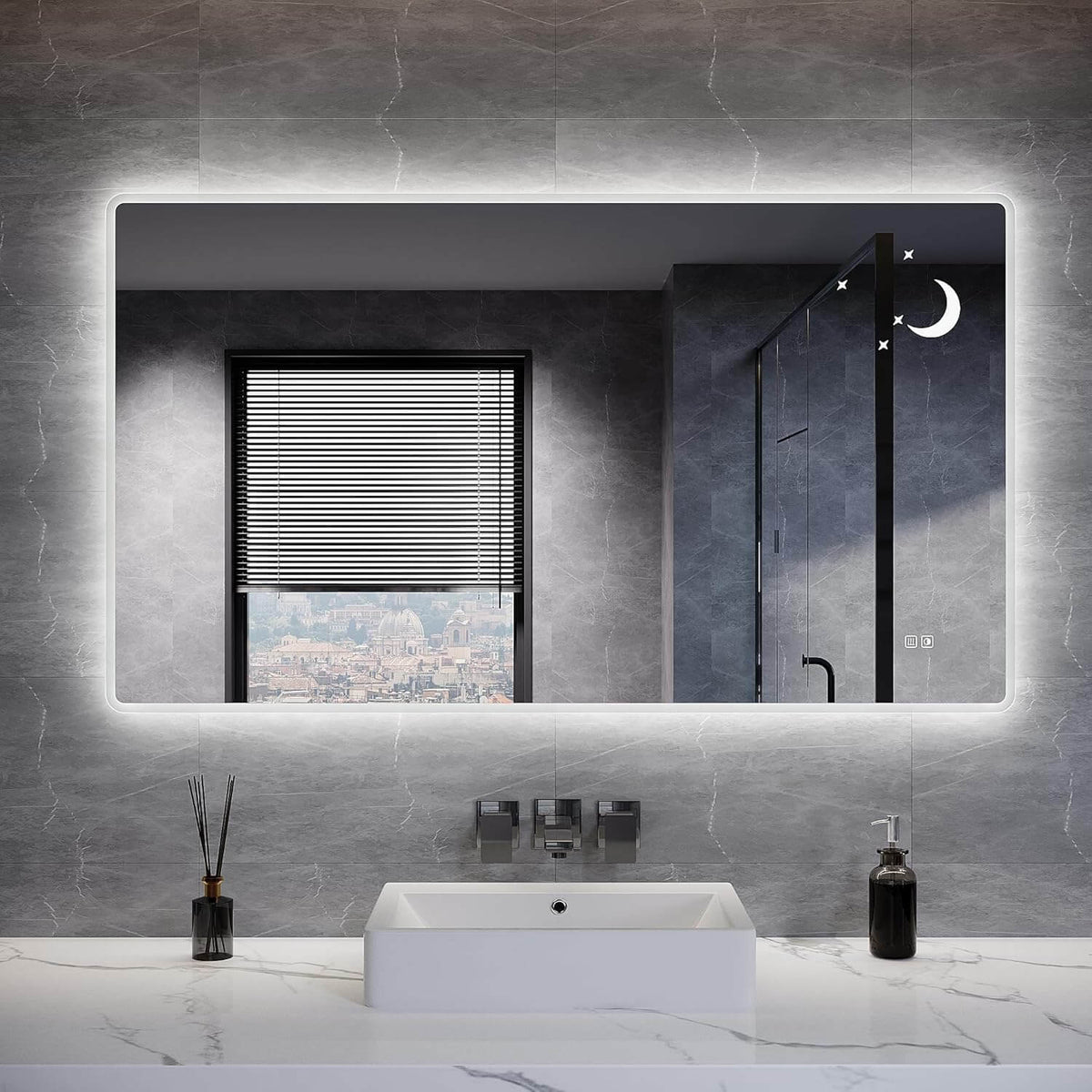 SONNI Badezimmer Spiegel mit Beleuchtung Wandspiegel, Kosmetikspiegel mit modernes Muster, 3 Farbe einstellbar, Steckdose und Antibeschlag, horizontal oder vertikal montierbar - Sonni Sanitär GmbH