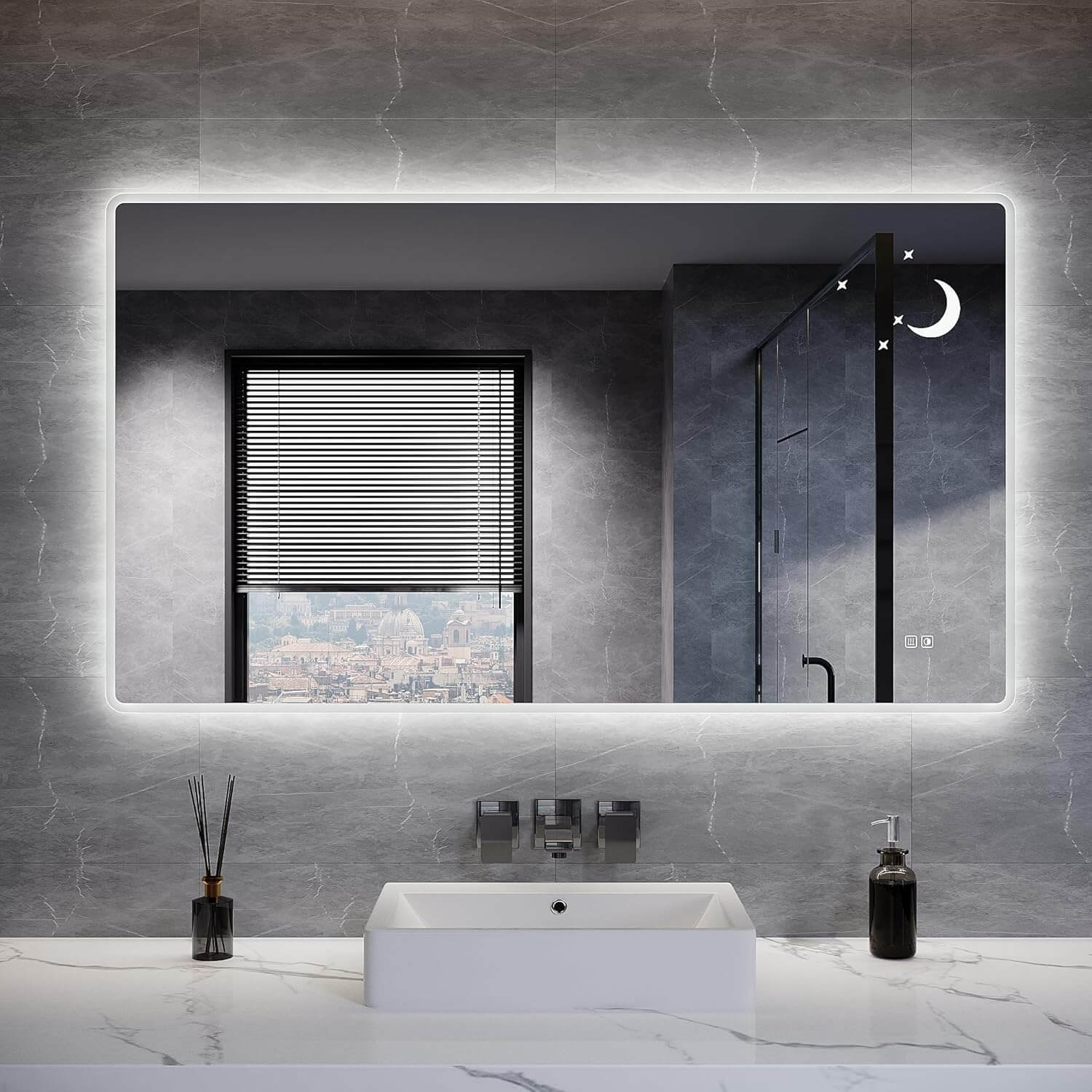 SONNI Badezimmer Spiegel mit Beleuchtung Wandspiegel, Kosmetikspiegel mit modernes Muster, 3 Farbe einstellbar, Steckdose und Antibeschlag, horizontal oder vertikal montierbar - Sonni Sanitär GmbH