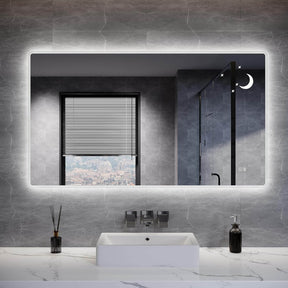 SONNI Badezimmer Spiegel mit Beleuchtung Wandspiegel, Kosmetikspiegel mit modernes Muster, 3 Farbe einstellbar, Steckdose und Antibeschlag, horizontal oder vertikal montierbar - Sonni Sanitär GmbH