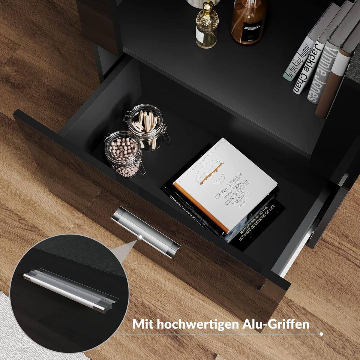 SONNI Vitrine mit LED-Beleuchtung, Glasvitrine mit Schubladen, weiß Hochglanzfront, Sammlervitrine, Vitrinenschrank - Sonni Sanitär GmbH