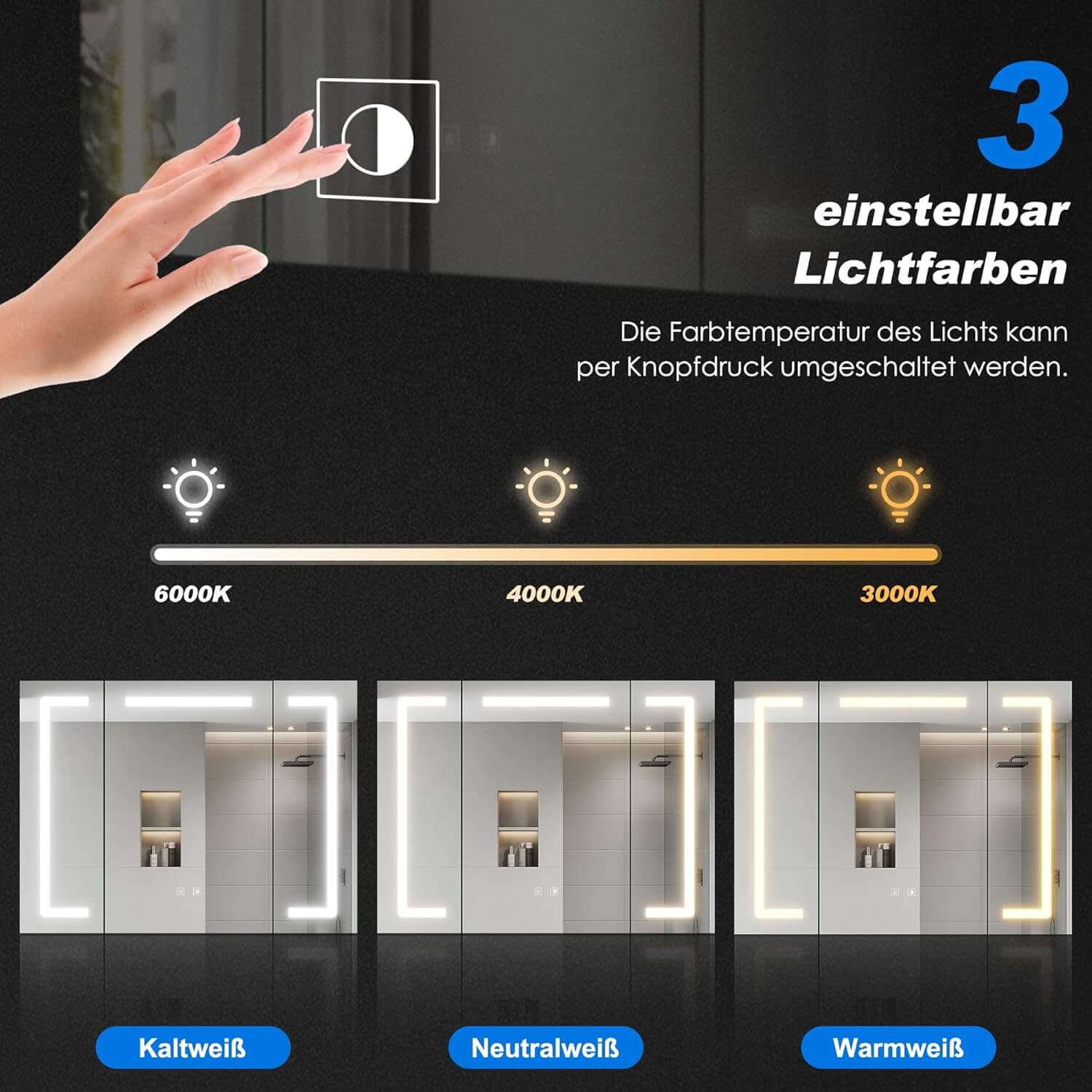 SONNI Spiegelschrank mit Beleuchtung 80x60 cm, 3 Türen LED Spiegelschrank Bad mit Anti-Beschlag, Steckdose, 3 Lichtfarben, Dimmbar, Aluminum, IP44 Wasserciht - Sonni Sanitär GmbH