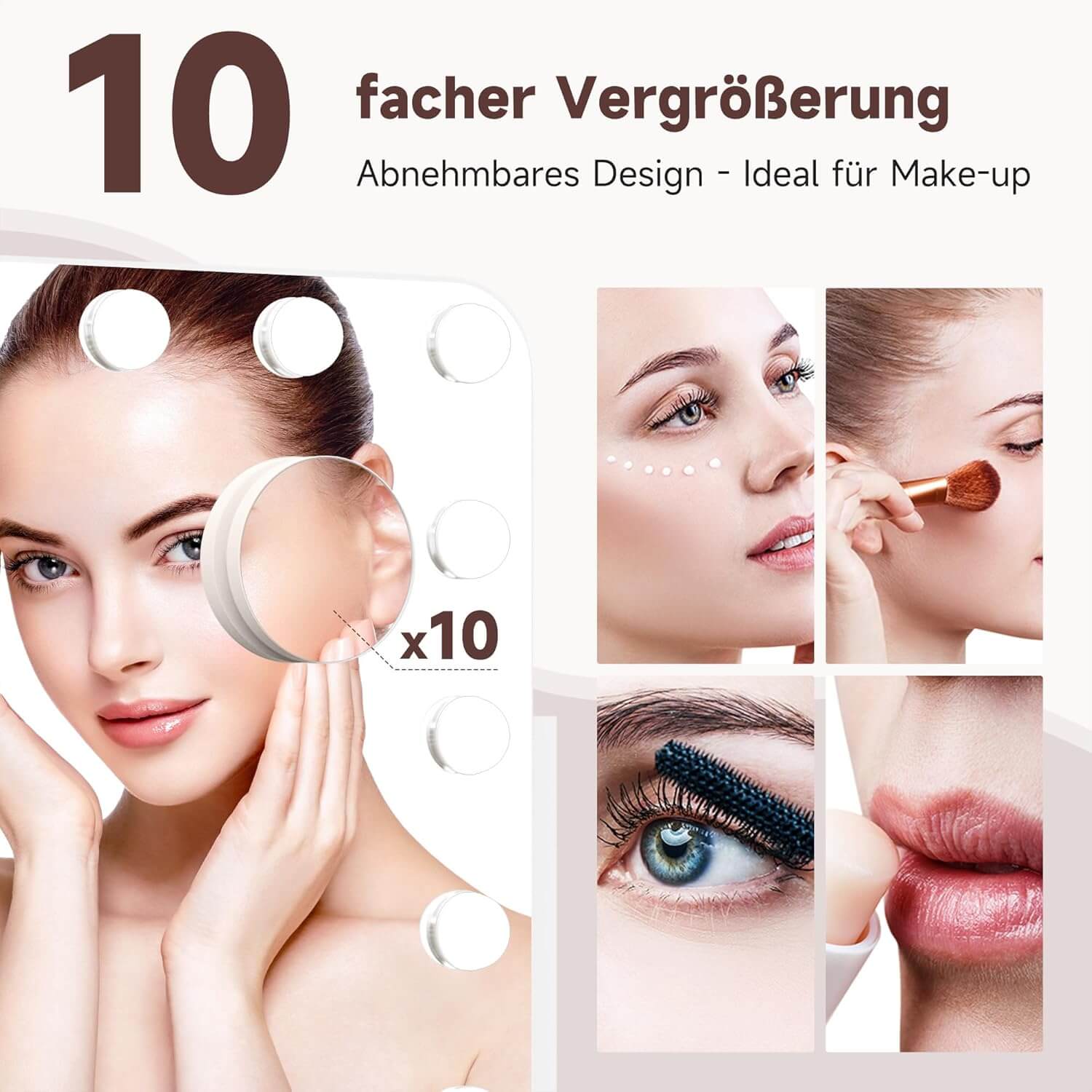 SONNI  Hollywood Schminkspiegel, 360°drehbarer Schminktisch Spiegel mit 3 Lichtmodi und 14 Licht Dimmbar, mit Handyhalter und USB, 10X Vergrößerung, Smart Touch Steuerung 50x40cm - Sonni Sanitär GmbH