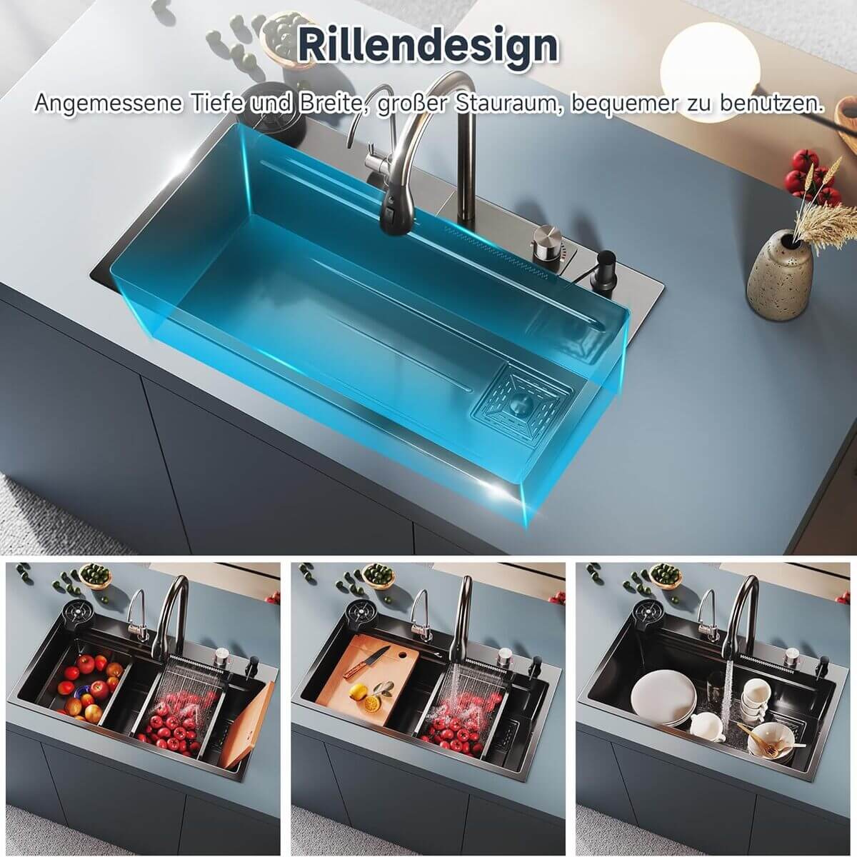 SONNI Spülbecken Einbauspüle Küchenspüle Waschbecken Küche Edelstahl 75/80 x 45 x 23 cm, Waterfall Spüle Küche Schwarz ohne/mit Temperaturanzeige und Abtropffläche - Sonni Sanitär GmbH