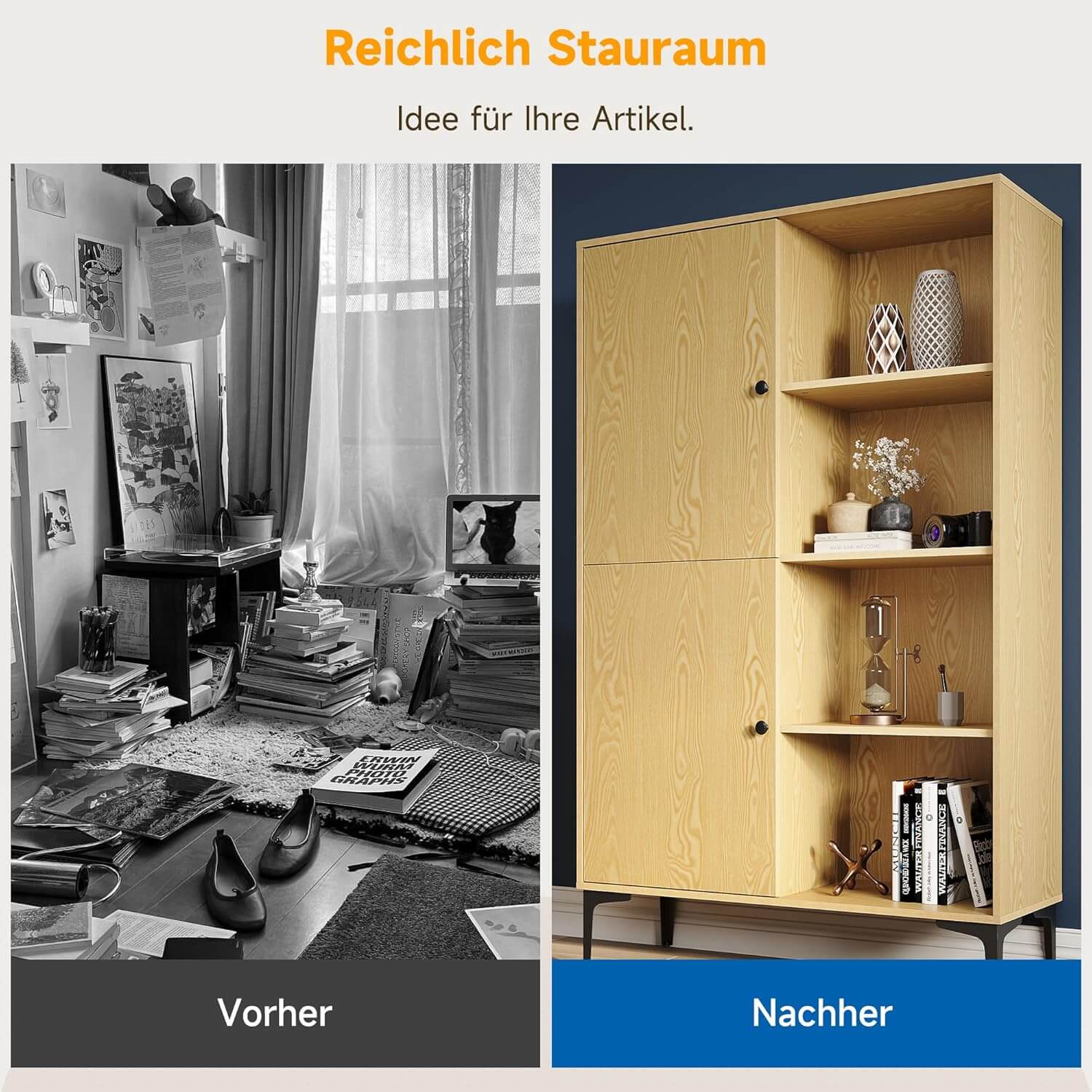 SONNI Vitrinenschrank, Schrank, Bücherschrank, Hochschrank mit 8 Fächern, 2 Türen, 2 höhenverstellbaren Regal für Wohnzimmer, Schlafzimmer, Küche, Esszimmer, Büro, Holzfarbe, 100 x 35 x 160 cm