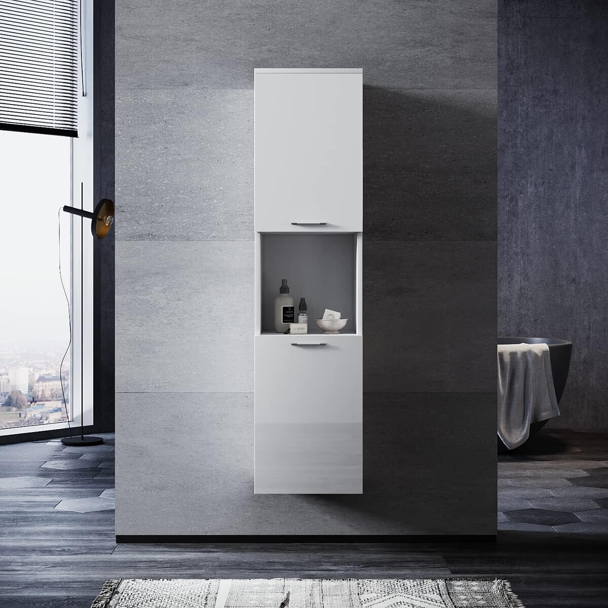 SONNI Badezimmerschrank Hochschrank Badezimmer Hochglanz Weiß mit 5 Ablagen Schmal offenen Zwischenböden 30cm Breit Hängend - Sonni Sanitär GmbH
