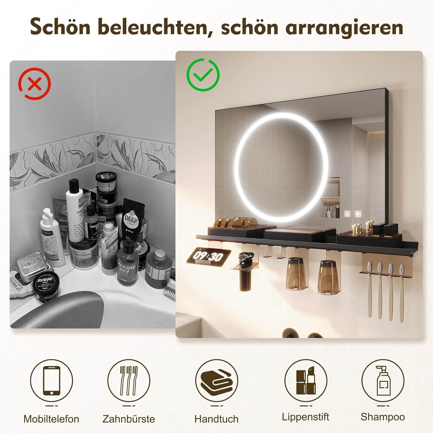 SONNI Badezimmerspiegel mit Beleuchtung 80x60 cm, LED Badspiegel mit Ablage , 3 einstellbare Lichtfarbe + Anti-Beschlag + Touchschalter, Ablage mit Handyhalter + Haken + Zahnbürstenhalter