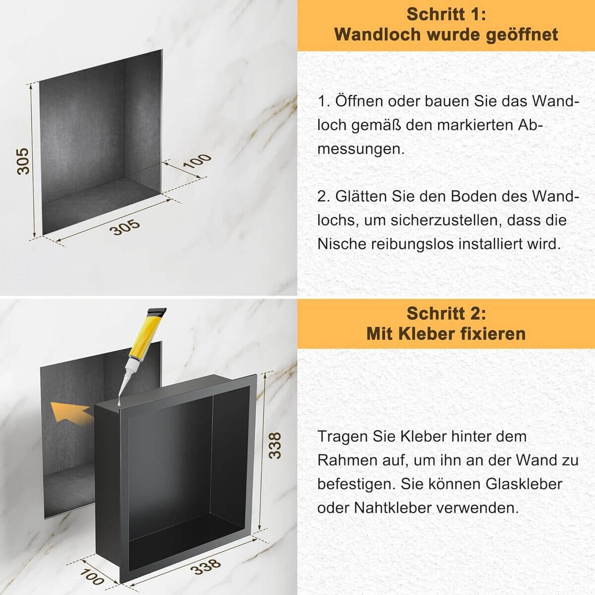 SONNI Wandnische Dusche Edelstahl, eingebettete Duschnische, Einzelregal Lagerung für Badezimmer, Wasserdicht, Keine Fliesen erforderlich Schwarz - Sonni Sanitär GmbH