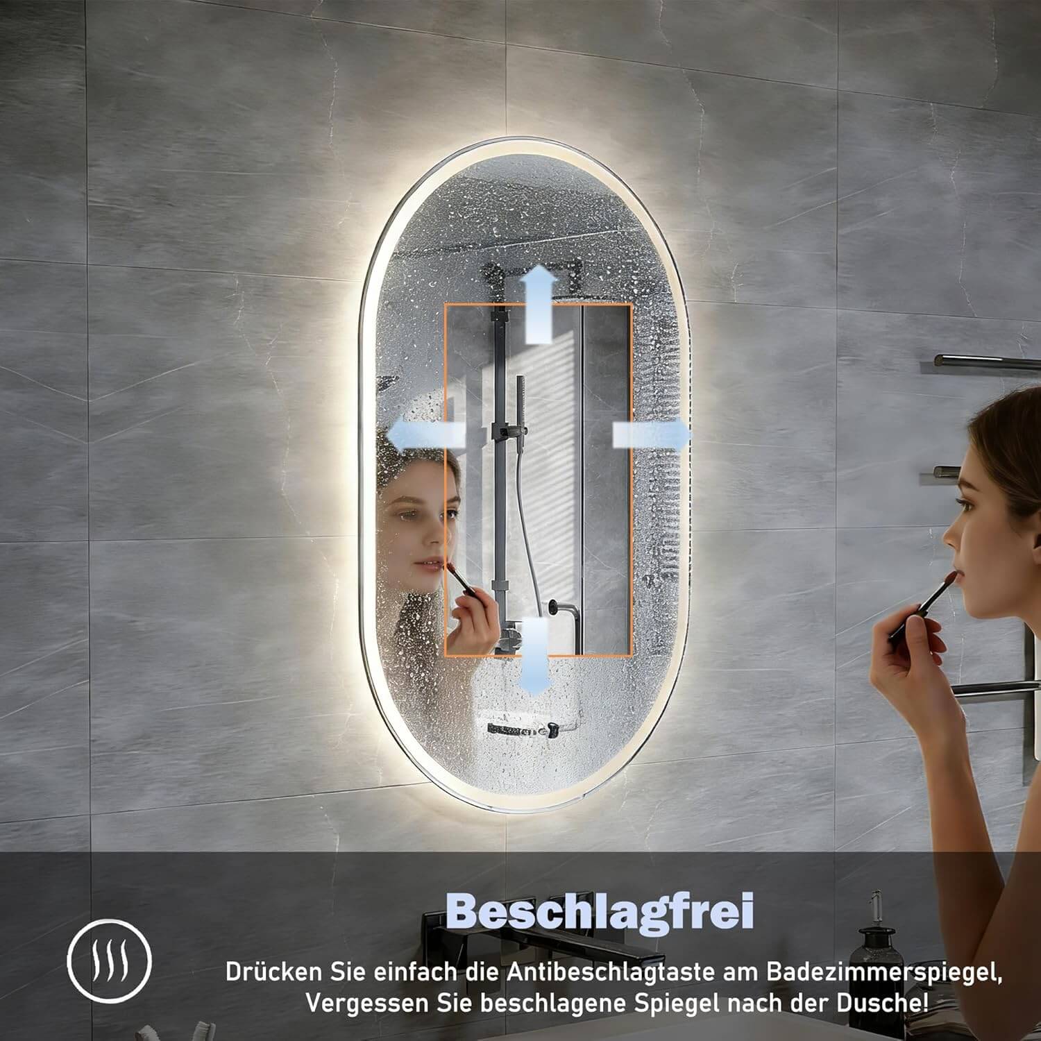 SONNI LED Spiegel  Oval Wandspiegel mit DREI Lichtarten, Antibeschlag, Steckdose und Touch-Schalter, Spiegel Bad mit Beleuchtung Dekorative Wandspiegel Horizontal oder vertikal aufgehängt - Sonni Sanitär GmbH