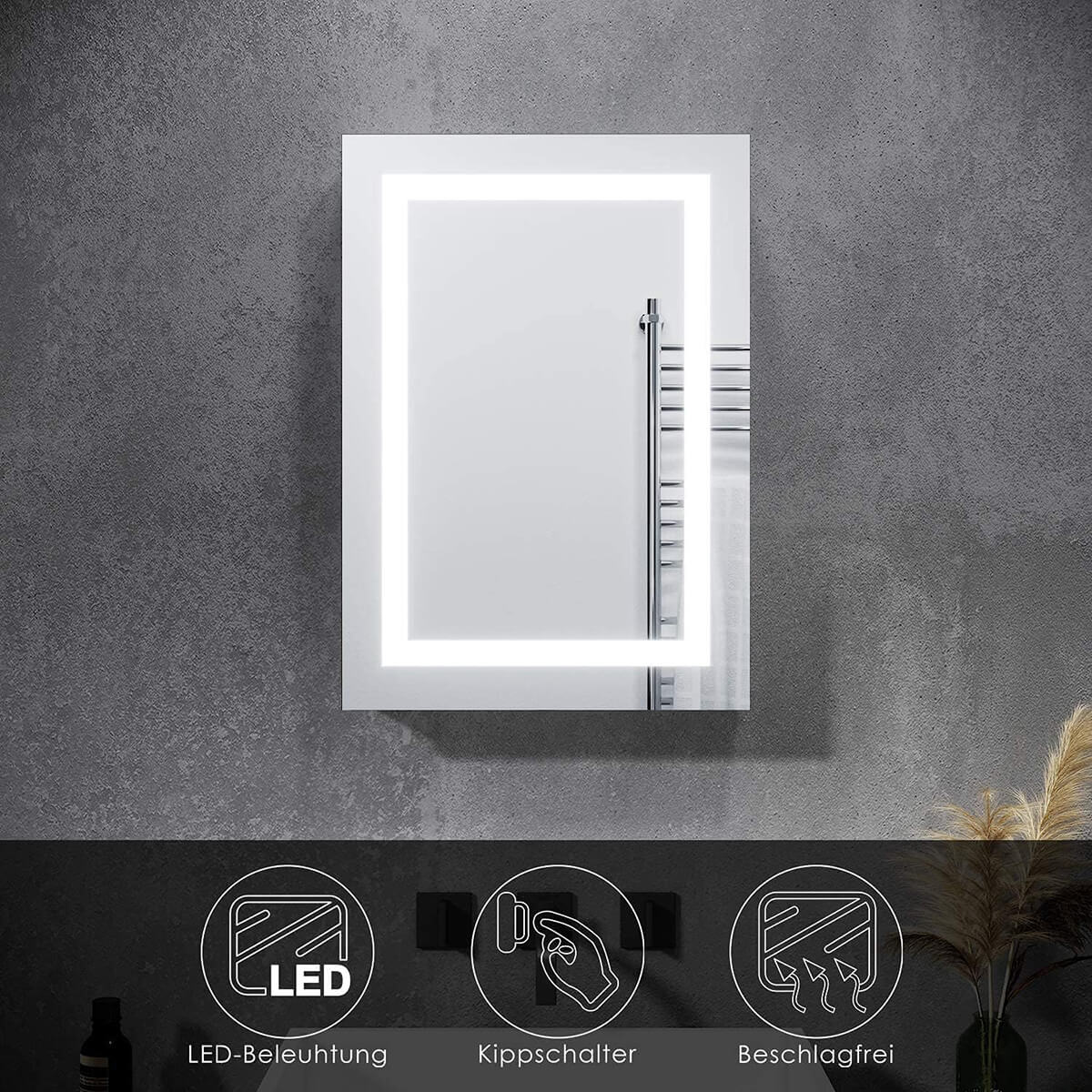 SONNI Badezimmer LED Spiegelschrank mit vollen LED-Lichtstreifen Kippschalter 50 x 70 x 13cm - Sonni Sanitär GmbH