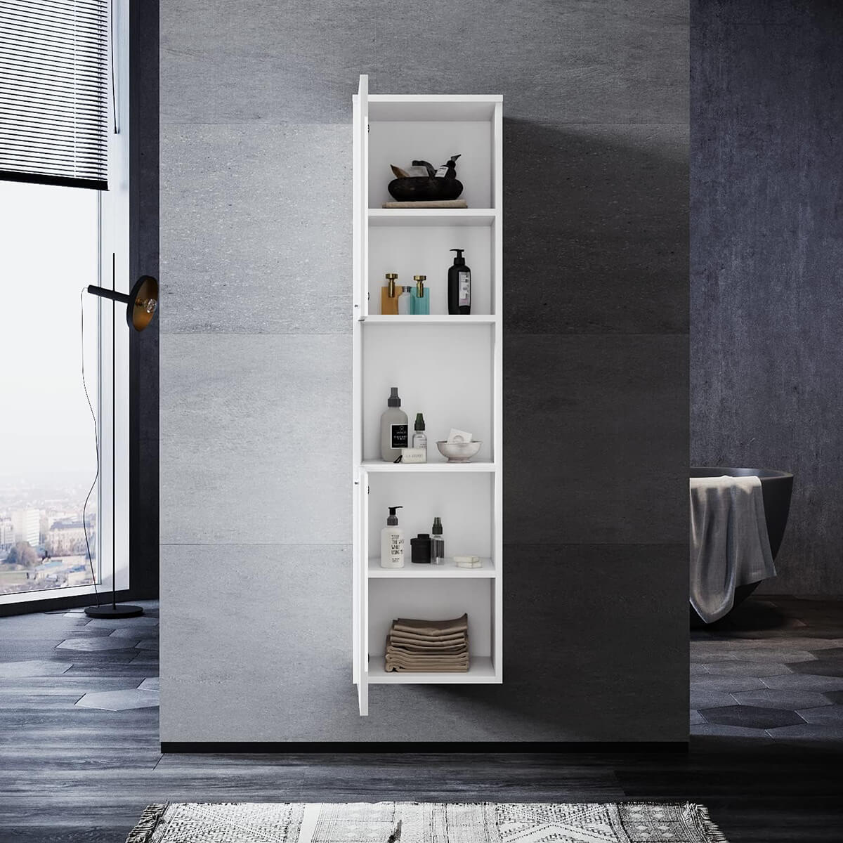 SONNI Badezimmerschrank Hochschrank Badezimmer Hochglanz Weiß mit 5 Ablagen Schmal offenen Zwischenböden 30cm Breit Hängend - Sonni Sanitär GmbH