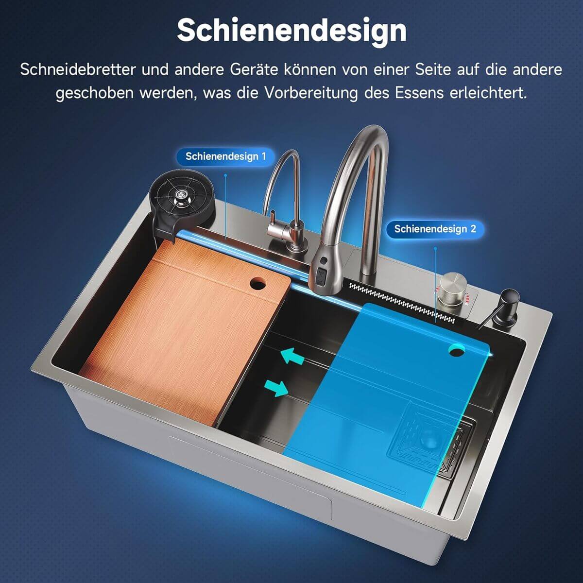 SONNI Spülbecken Einbauspüle Küchenspüle Waschbecken Küche Edelstahl 75/80 x 45 x 23 cm, Waterfall Spüle Küche Schwarz ohne/mit Temperaturanzeige und Abtropffläche - Sonni Sanitär GmbH
