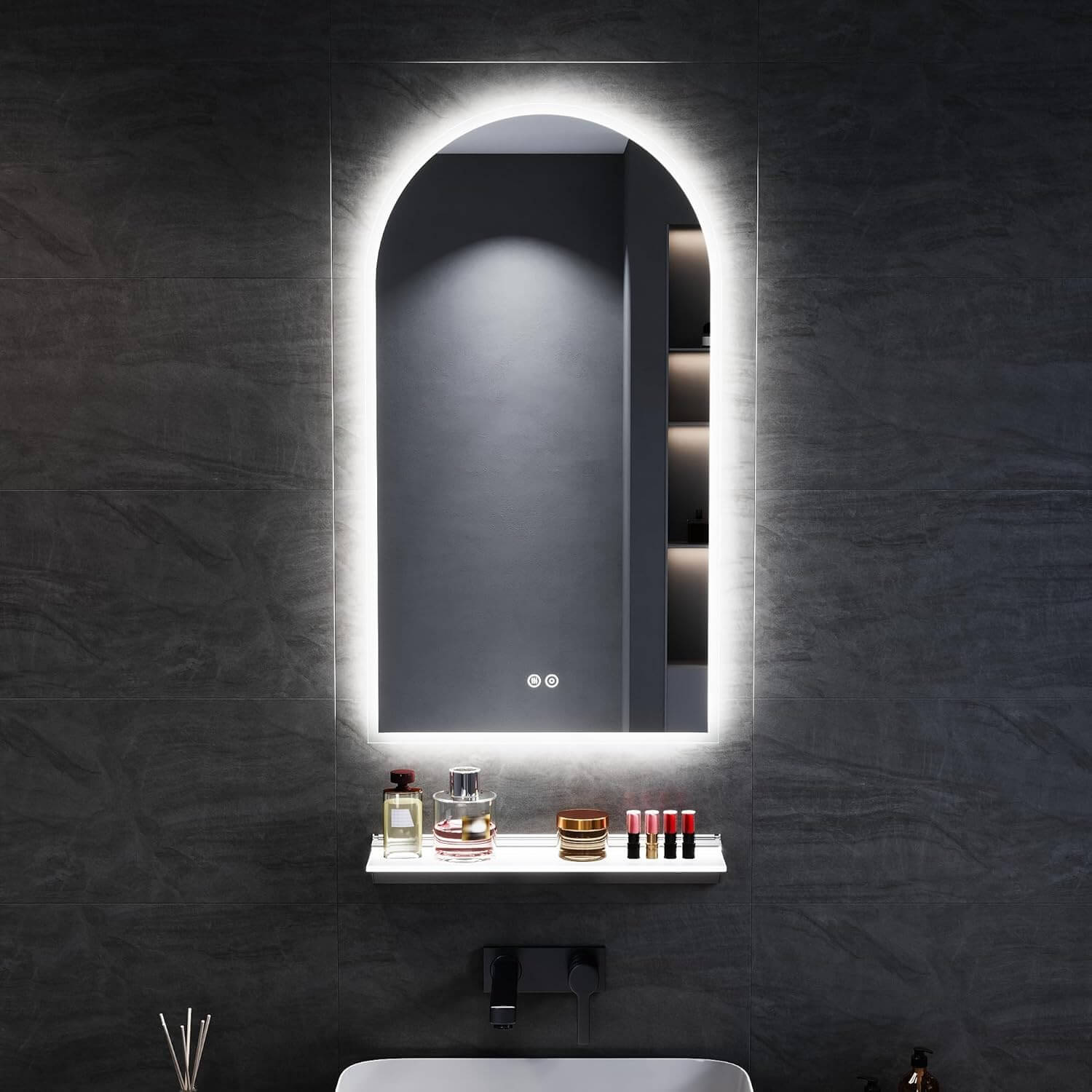 SONNI Badezimmerspiegel mit Beleuchtung Bogen LED Badspiegel mit Steckdose + Touch-Bedienung + Anti-Beschlag + 3 Farben, Dimmbar & Stromausfallgedächtnis - Sonni Sanitär GmbH