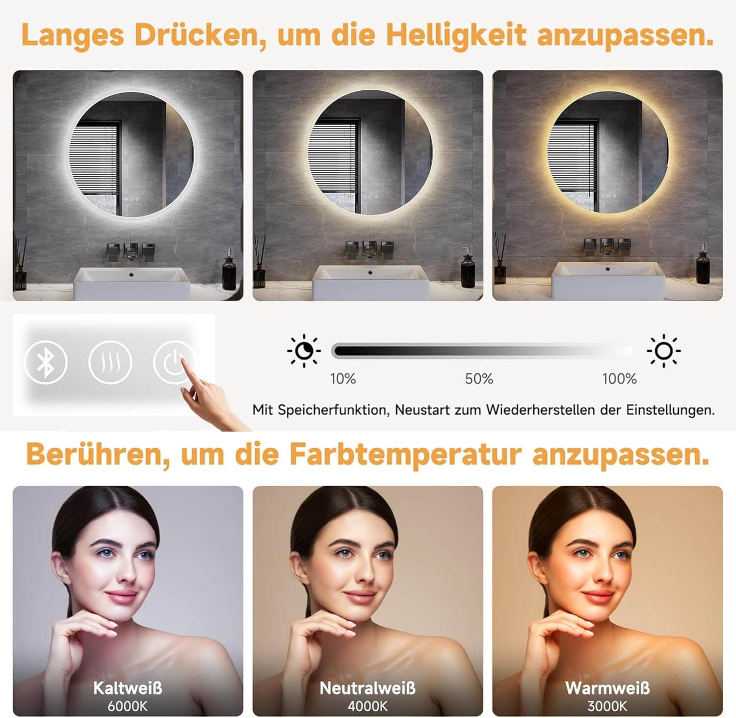 SONNI Badspiegel Runder mit Bluetooth Wandspiegel mit Beleuchtung, Spiegel Bad mit 3 einstellbare Farbtemperaturen und Anti-Beschlag, Kosmetikspiegel Rund - Sonni Sanitär GmbH