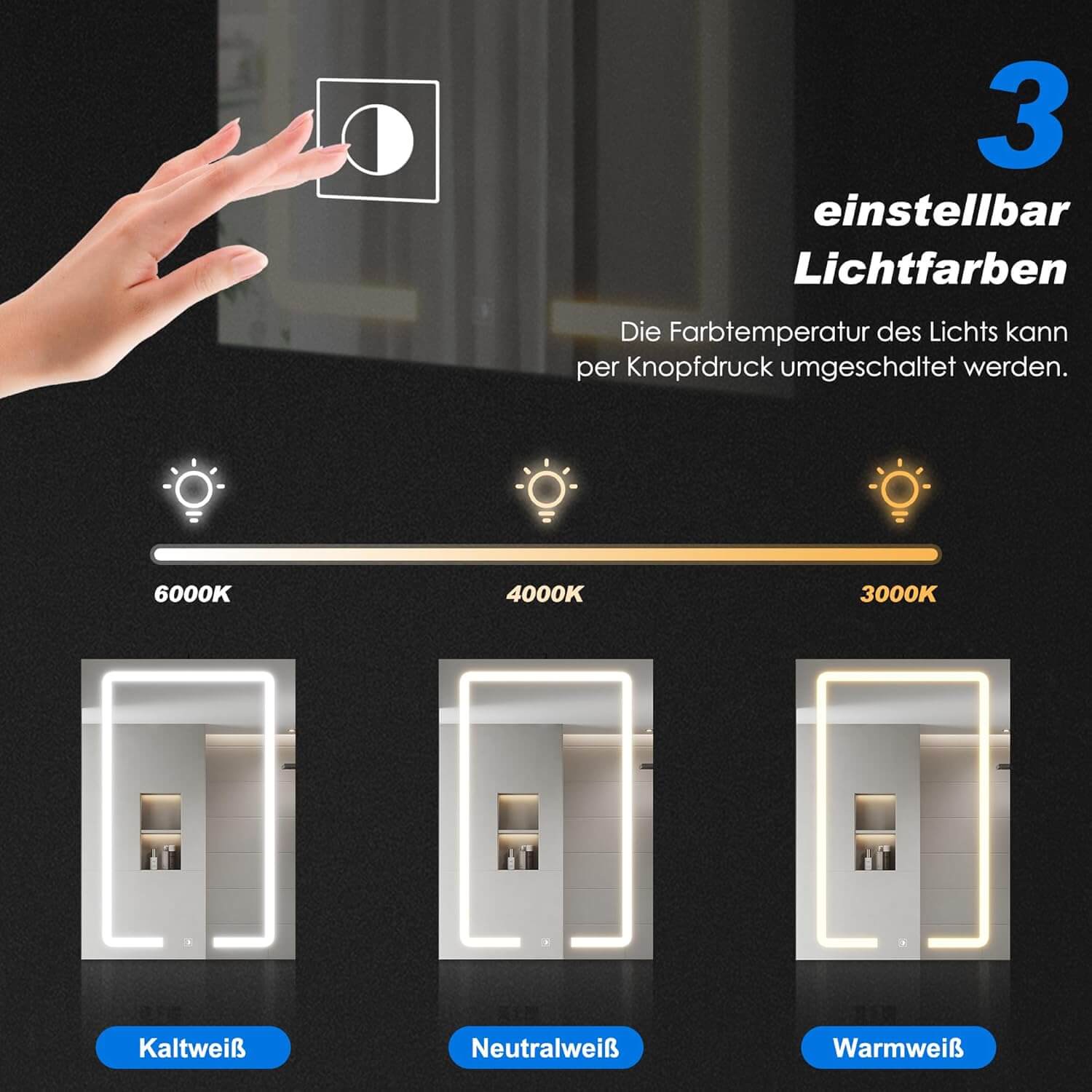 SONNI LED Spiegelschrank mit Kosmetik-Organizer 50x70 cm, Steckdose & 3-fache Vergrößerungsspiegel, 3 Lichtfarben, Dimmbar - Dunkelgrau - Sonni Sanitär GmbH