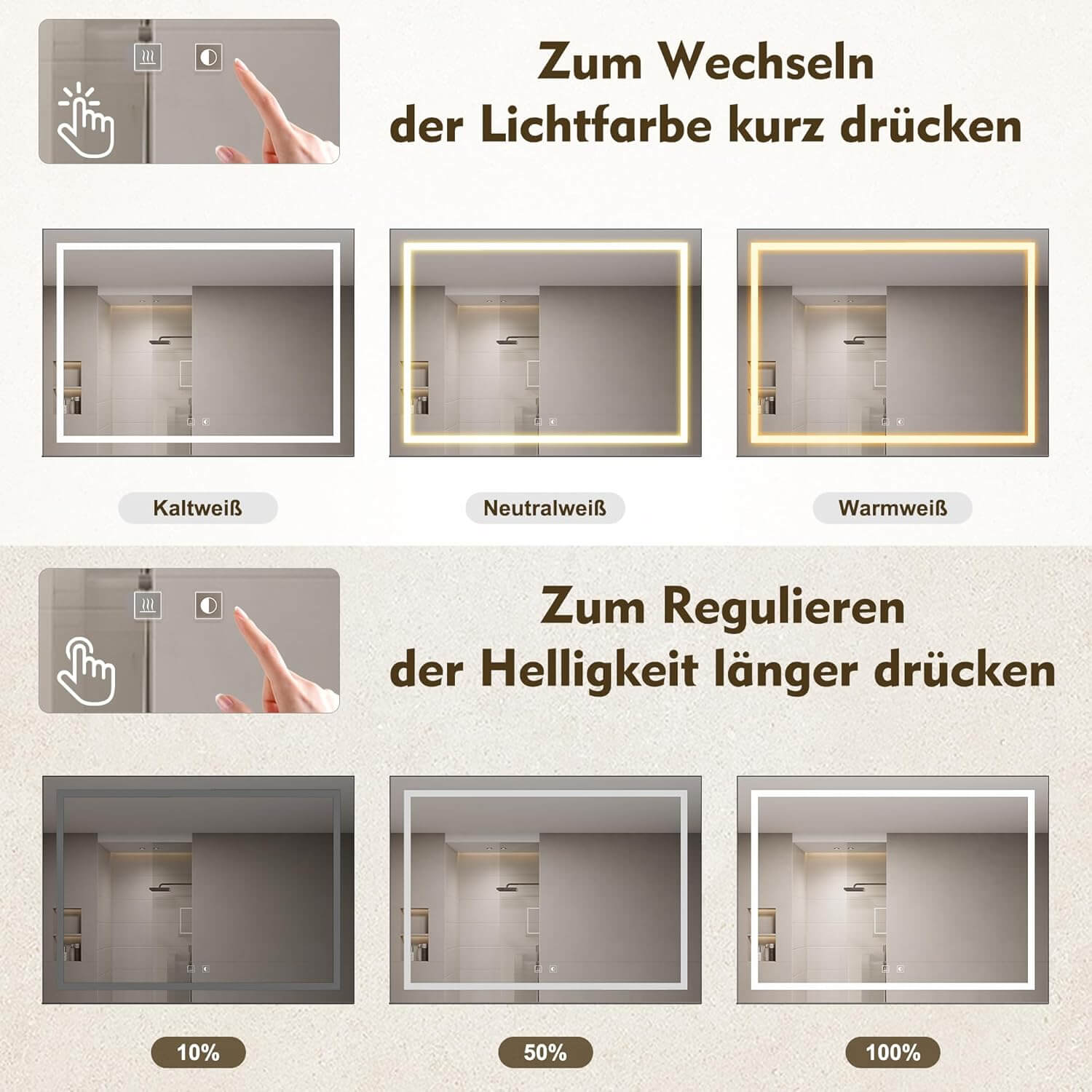 SONNI Badspiegel mit Beleuchtung 50x70cm mit Ablage, Touch Badezimmerspiegel 3 Lichtfarben, Anti-Beschlag & Gedächtnisfunktion