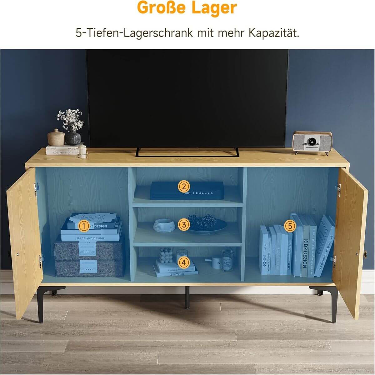 SONNI TV-Schrank, Fernsehtisch, TV-Regal, Lowboard für TV 60 Zoll, mit 2 Schränken, 3 offenen Fächern, 2 Kabellöcher, Metallfüße, für Wohnzimmer, Esszimmer und Schlafzimmer,135x35x70cm, Holzfarbe