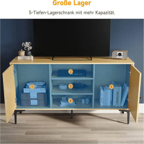 SONNI TV-Schrank, Fernsehtisch, TV-Regal, Lowboard für TV 60 Zoll, mit 2 Schränken, 3 offenen Fächern, 2 Kabellöcher, Metallfüße, für Wohnzimmer, Esszimmer und Schlafzimmer,135x35x70cm, Holzfarbe