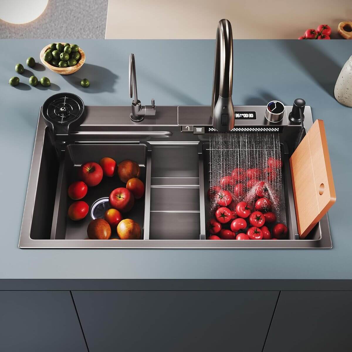 SONNI Spülbecken Einbauspüle Küchenspüle Waschbecken Küche Edelstahl 75/80 x 45 x 23 cm, Waterfall Spüle Küche Schwarz ohne/mit Temperaturanzeige und Abtropffläche - Sonni Sanitär GmbH