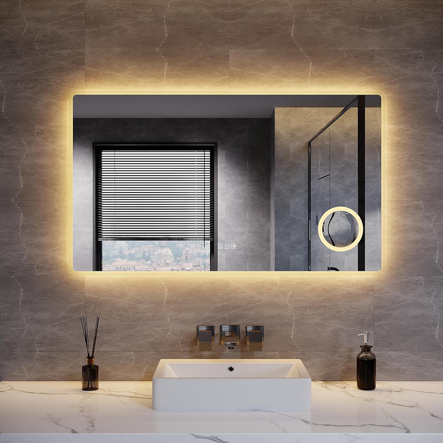 SONNI LED Badspiegel 80 x 60 cm Spiegel Bad mit Beleuchtung, 3 Farbe modi, Steckdose, 3X Lupe, Anti-Beschlag und Touch-Schalter Wandspiegel Kosmetikspiegel - Sonni Sanitär GmbH