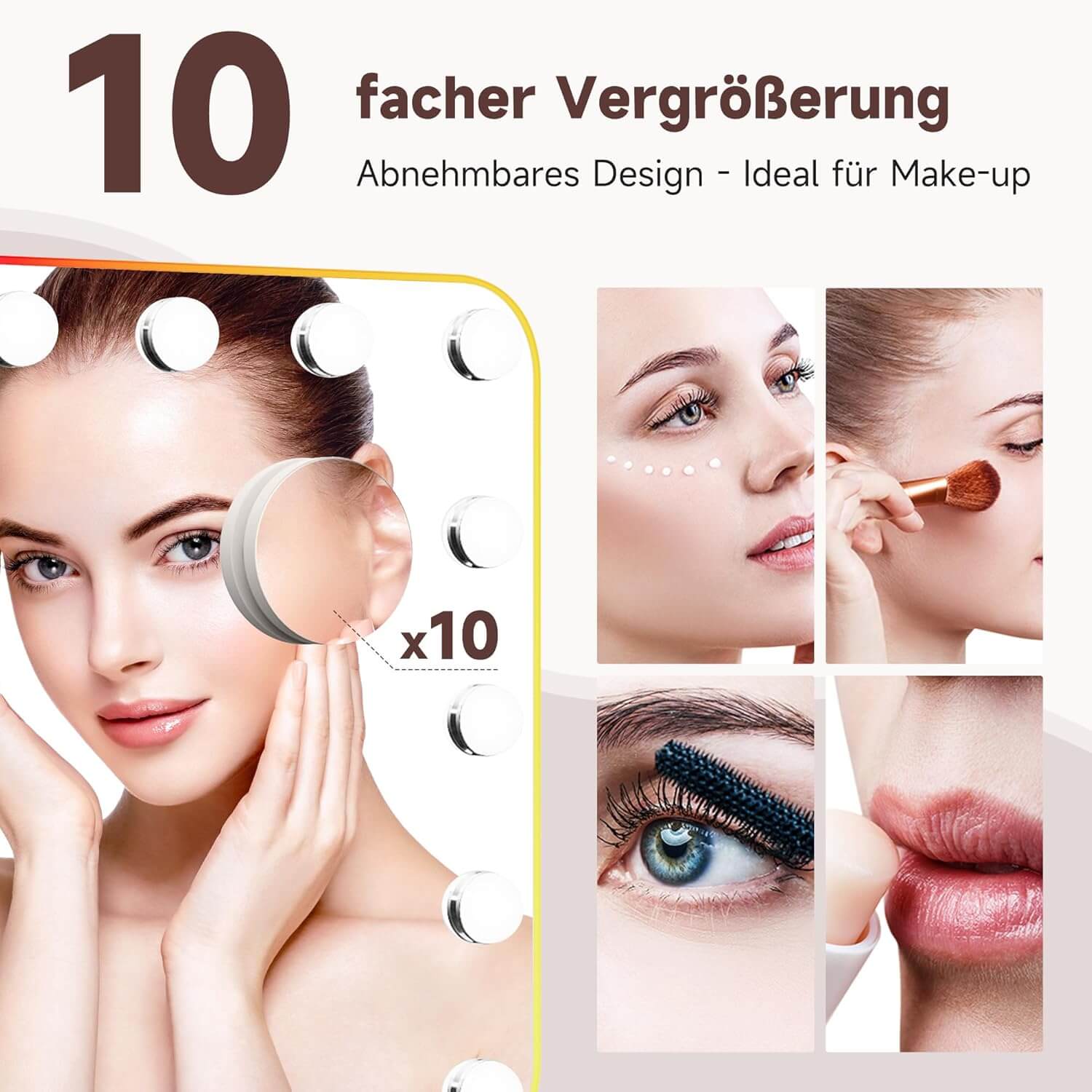 SONNI 58x43cm Hollywood Spiegel mit RGB Beleuchtung Schminkspiegel mit 3 Farbtemperatur Licht und 10X Abnehmbare Lupe, Bluetooth, Wandmontiert oder Freistehend - Sonni Sanitär GmbH