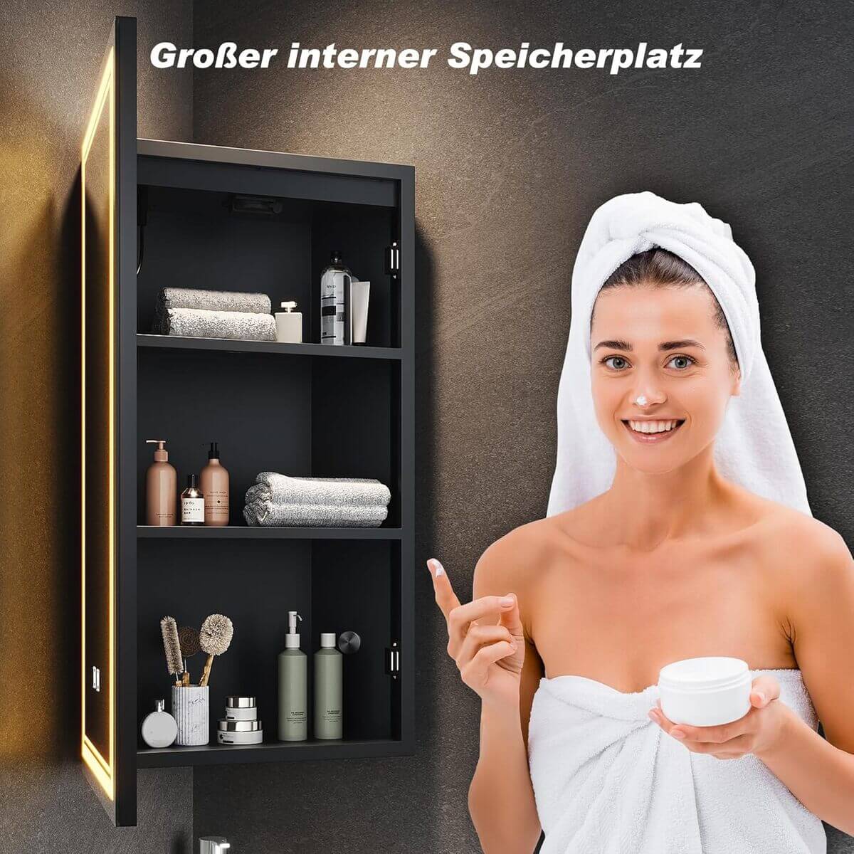 SONNI Badspiegelschrank mit Beleuchtung und Ablage, LED-Eckschrank mit Steckdose, Dimmbar, 3 Dimmbare Farben Nebelfreier Bad-Wandschrank, Mattschwarzer Medizinschrank