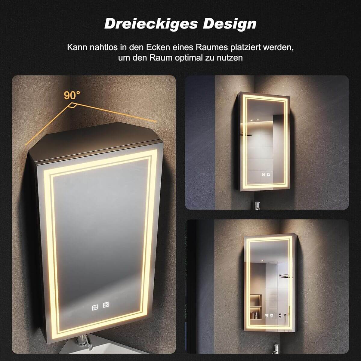 SONNI Badspiegelschrank mit Beleuchtung und Ablage, LED-Eckschrank mit Steckdose, Dimmbar, 3 Dimmbare Farben Nebelfreier Bad-Wandschrank, Mattschwarzer Medizinschrank - Sonni Sanitär GmbH