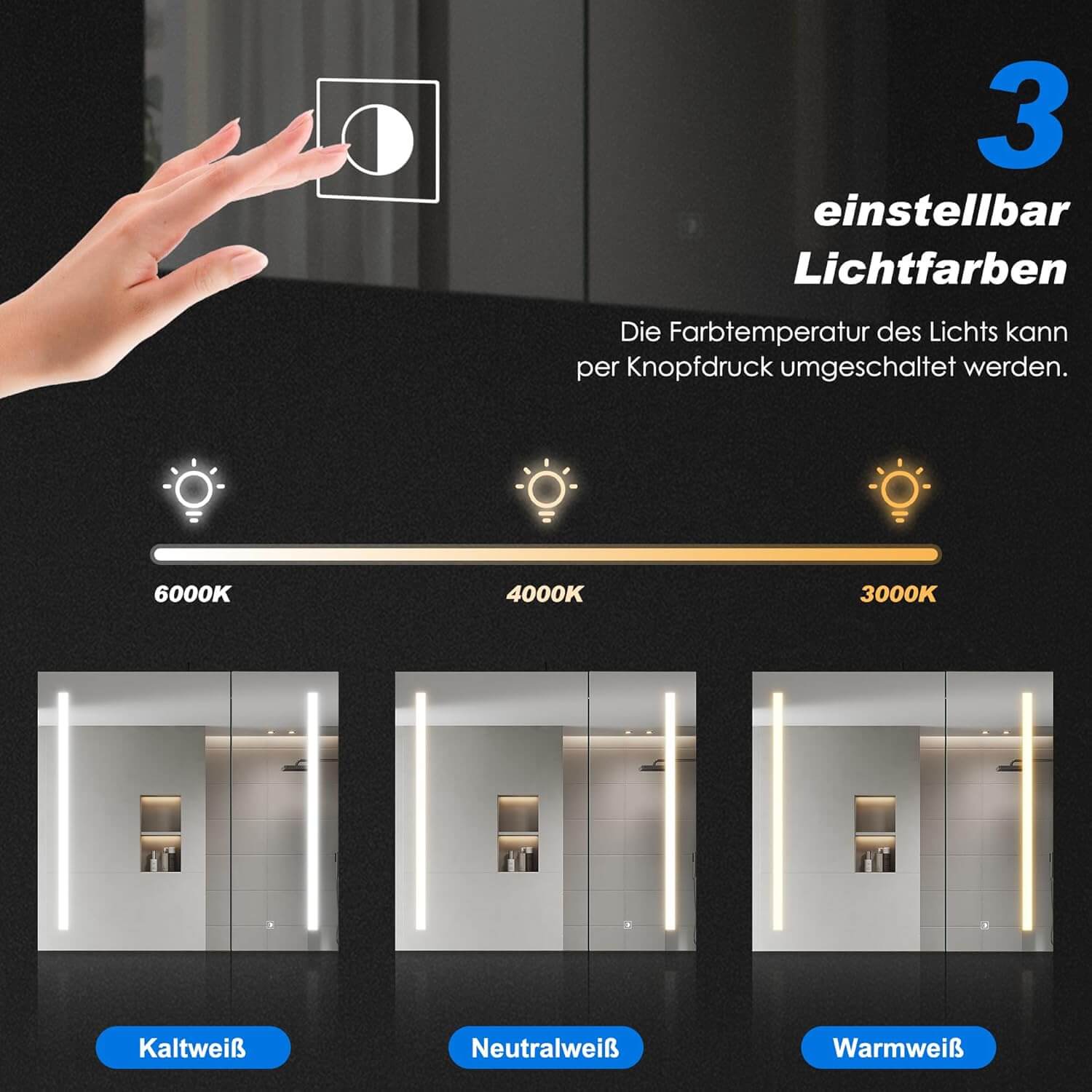 SONNI Spiegelschrank Bad mit Beleuchtung und Make-up Ablage 70x65 cm, Steckdose & 3-fache Vergrößerungsspiegel, 3 Lichtfarben, Dimmbar - Dunkelgrau - Sonni Sanitär GmbH