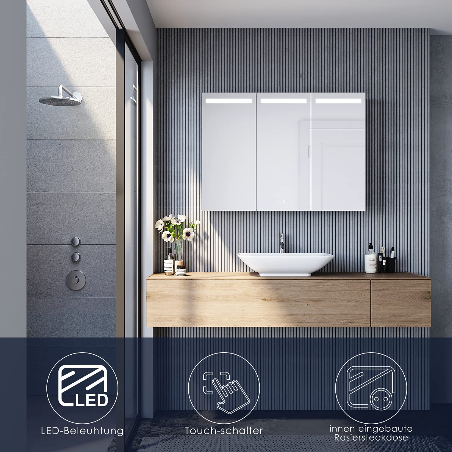 SONNI LED mit Beleuchtung Badezimmer-Spiegelschrank 90x65 cm Touchschalter Beleuchtung & Steckdose Verstellbare Einlegeböden 3-türig