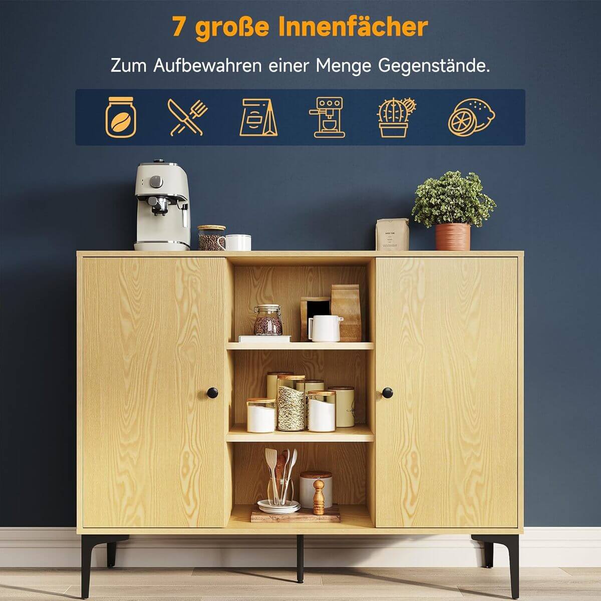 SONNI Sideboard, Küchenschrank, Aufbewahrungsschrank mit 2 Tür, 3 offene Regal, Bauernhaus-Kaffeebarschrank, Mehrzweckschrank, für Wohnzimmer, Küche, Schlafzimmer, Esszimmer, 120x35 x93 cm, Holzfarbe