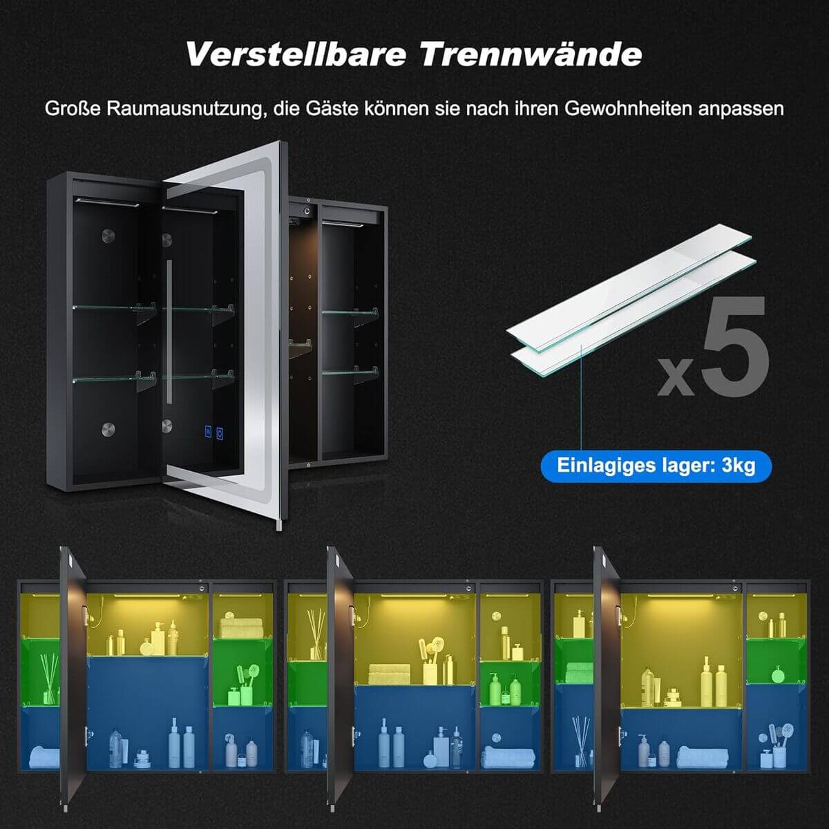 SONNI Spiegelschrank Bad mit Beleuchtung und Lagerung 80x60 cm, LED Spiegelschrank mit Steckdose, Dimmbar, 3 Einstellbare Lichtfarben Beschlagfrei Badezimmer Wandschrank, Medizinschrank Mattschwarz