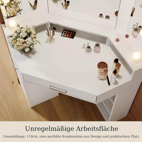 SONNI Eck Schminktisch mit Dreifachspiegel, 111x54x141.5cm, Kosmetiktisch mit Großer Schubladen, Auszugsschrank, Regale, 3 Offene Fächer, Moderner Frisiertisch für Schlafzimmer
