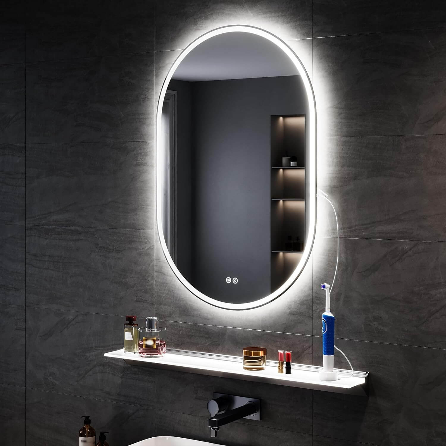 SONNI LED Spiegel  Oval Wandspiegel mit DREI Lichtarten, Antibeschlag, Steckdose und Touch-Schalter, Spiegel Bad mit Beleuchtung Dekorative Wandspiegel Horizontal oder vertikal aufgehängt - Sonni Sanitär GmbH