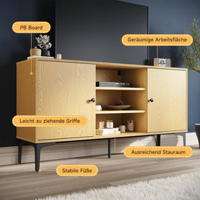 SONNI TV-Schrank, Fernsehtisch, TV-Regal, Lowboard für TV 60 Zoll, mit 2 Schränken, 3 offenen Fächern, 2 Kabellöcher, Metallfüße, für Wohnzimmer, Esszimmer und Schlafzimmer,135x35x70cm, Holzfarbe