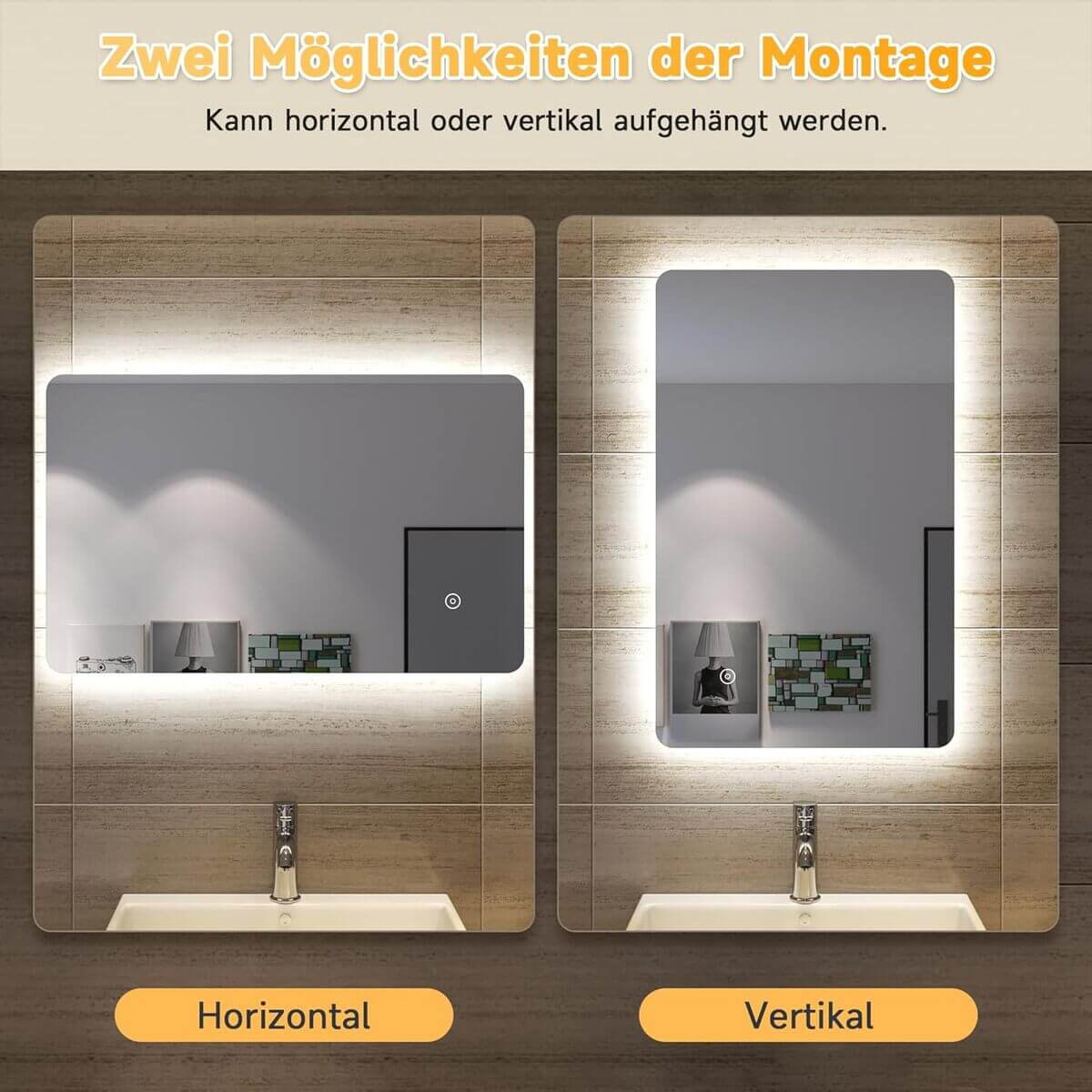 SONNI Badspiegel Lichtspiegel LED Spiegel Wandspiegel mit Touch-Schalter 80 x 50cm kaltweiß IP44 energiesparend