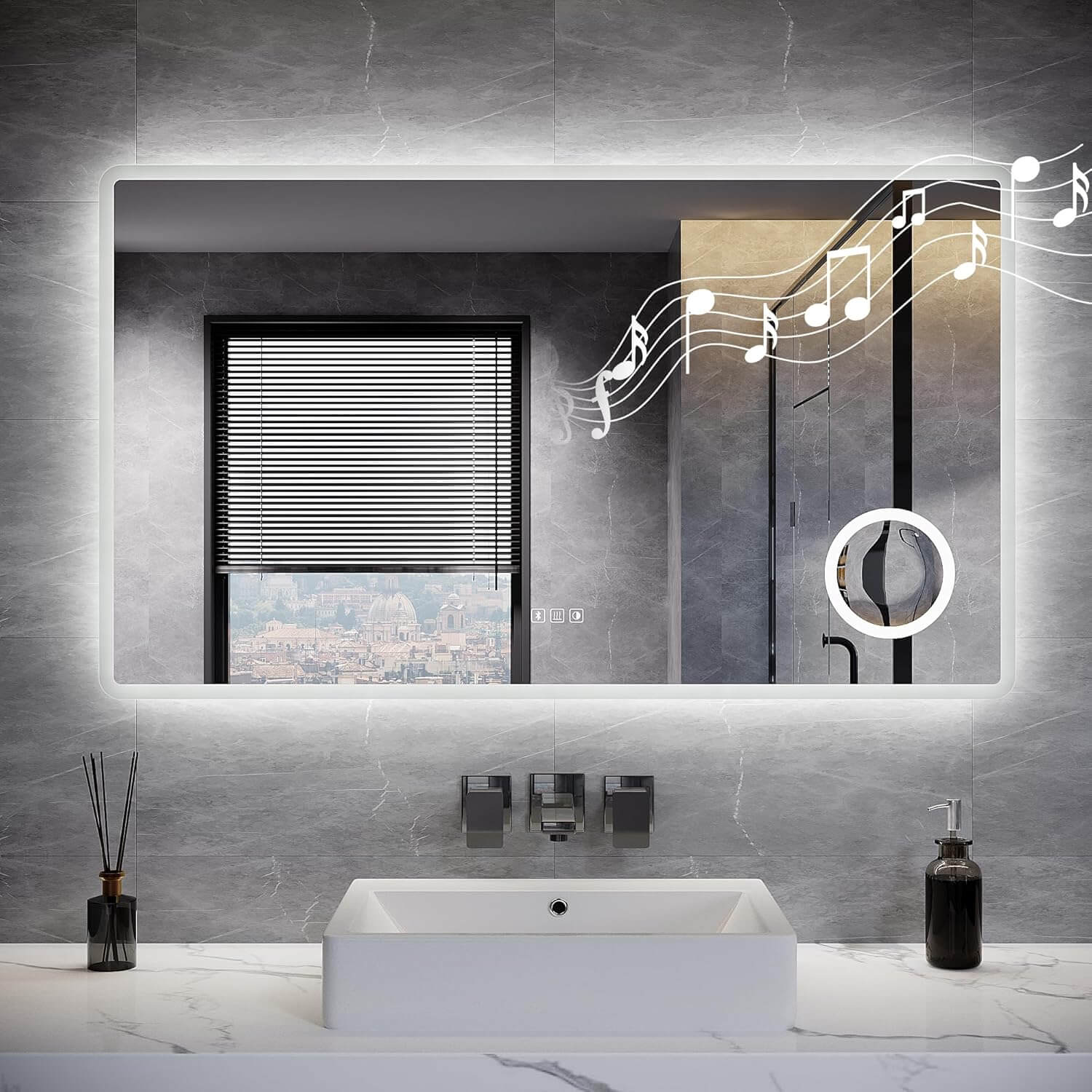 SONNI LED Badspiegel  Wandspiegel Bad mit Beleuchtung, 3 Farbe modi+Stufenlose Dimmung, Steckdose, Bluetooth und 3X Lupe, Kosmetikspiegel mit Anti-Beschlag und Touch-Schalter - Sonni Sanitär GmbH