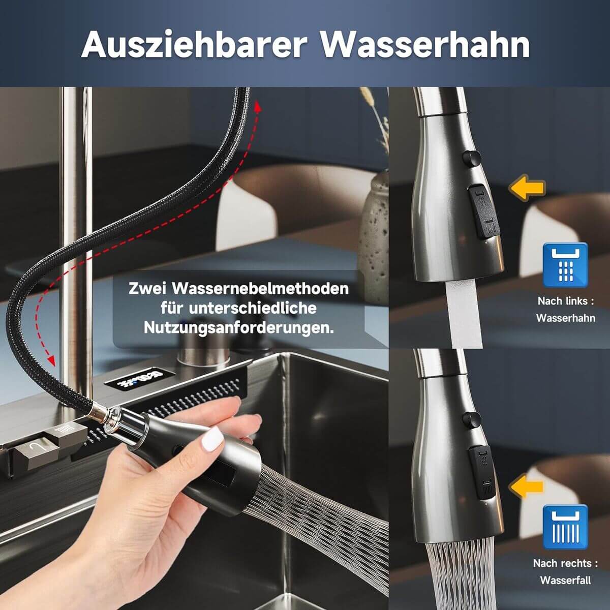 SONNI Spülbecken Einbauspüle Küchenspüle Waschbecken Küche Edelstahl 75/80 x 45 x 23 cm, Waterfall Spüle Küche Schwarz ohne/mit Temperaturanzeige und Abtropffläche - Sonni Sanitär GmbH