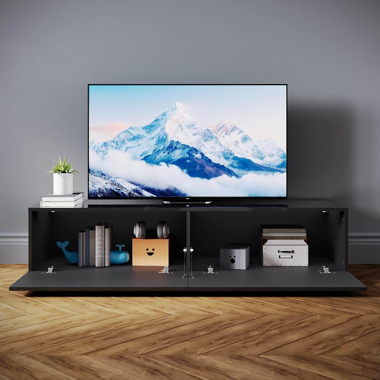 SONNI TV-Schrank Modern 140cm, Lowboard Hochglanz Schwarz Hängend/Stehend, TV-Regal mit 2 Schublade, 2 Türen, Griffloses, Fernsehtisch für Fernseher bis 65 Zoll Wohnzimmer & Schlafzimmer
