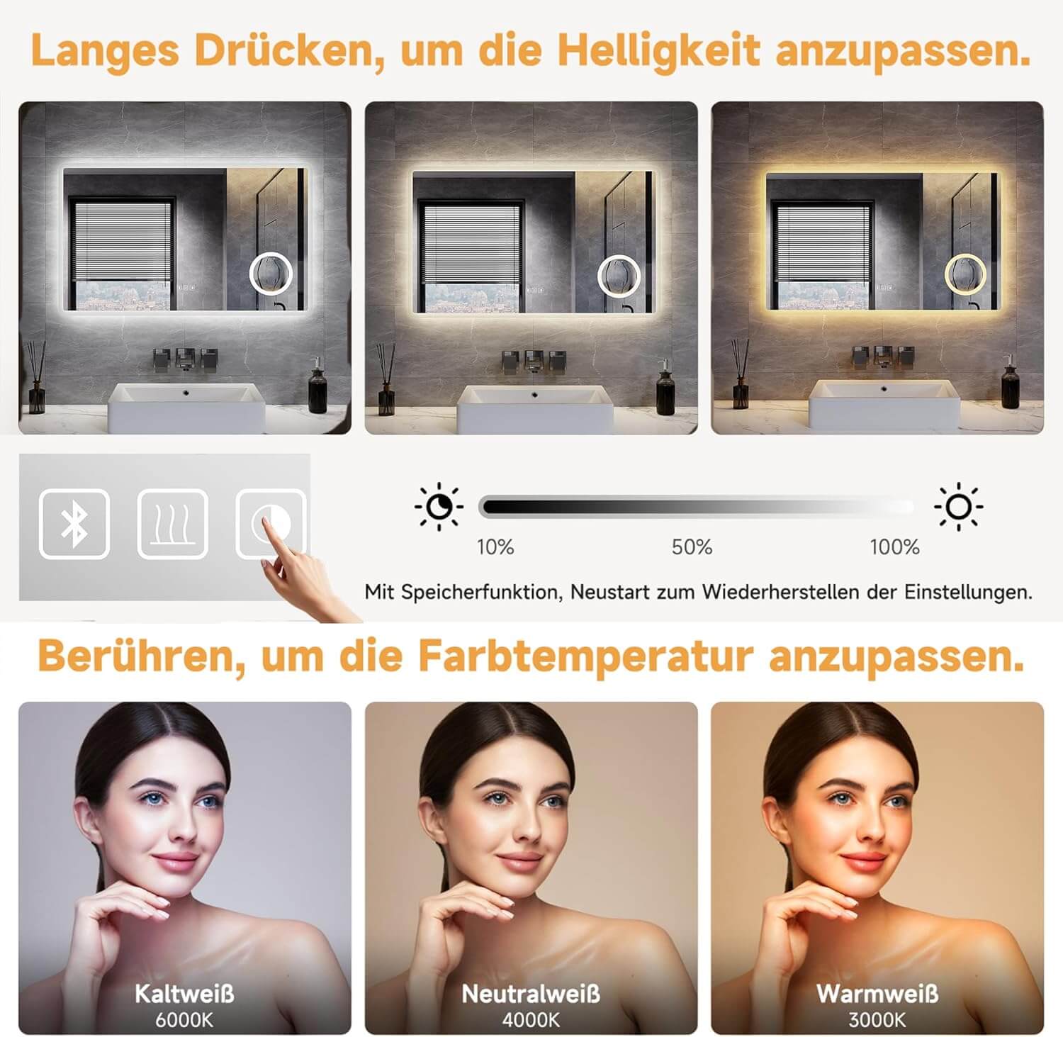 SONNI LED Badspiegel  Wandspiegel Bad mit Beleuchtung, 3 Farbe modi+Stufenlose Dimmung, Steckdose, Bluetooth und 3X Lupe, Kosmetikspiegel mit Anti-Beschlag und Touch-Schalter - Sonni Sanitär GmbH
