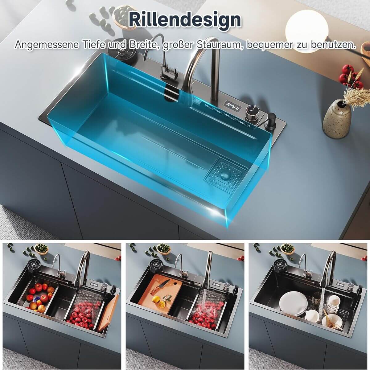 SONNI Spülbecken Einbauspüle Küchenspüle Waschbecken Küche Edelstahl 75/80 x 45 x 23 cm, Waterfall Spüle Küche Schwarz ohne/mit Temperaturanzeige und Abtropffläche - Sonni Sanitär GmbH
