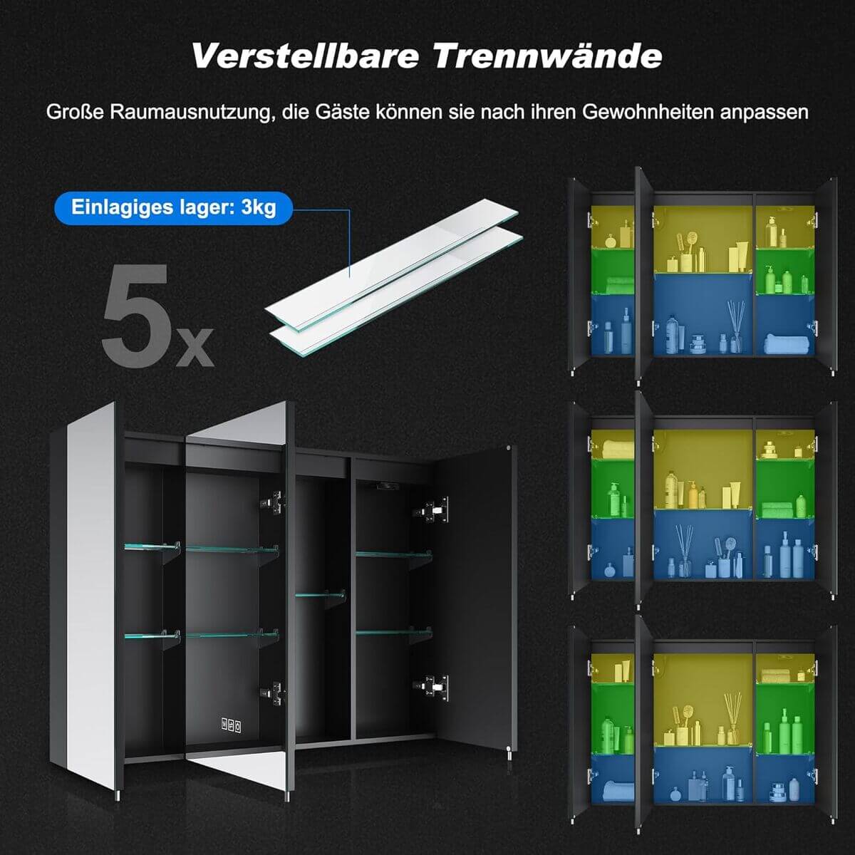 SONNI Spiegelschrank Bad mit Beleuchtung und Steckdose 3 Türiger LED Spiegelschrank mit Touch-Schalter, 3 Einstellbare Lichtfarben Beschlagfrei Badezimmer Medizinschrank 90x65 cm Mattschwarz