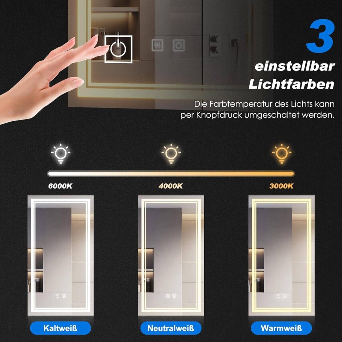 SONNI Badspiegelschrank mit Beleuchtung und Ablage, LED-Eckschrank mit Steckdose, Dimmbar, 3 Dimmbare Farben Nebelfreier Bad-Wandschrank, Mattschwarzer Medizinschrank - Sonni Sanitär GmbH