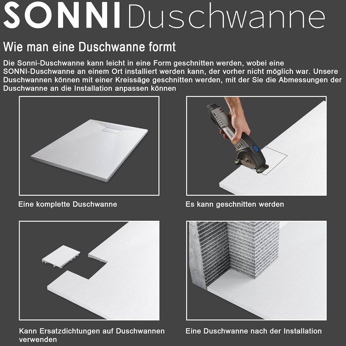 SONNI SMC Duschwanne  80-160cm Weiß Rechteckig Rutschfest Duschtasse mit Ablaufgarnitur