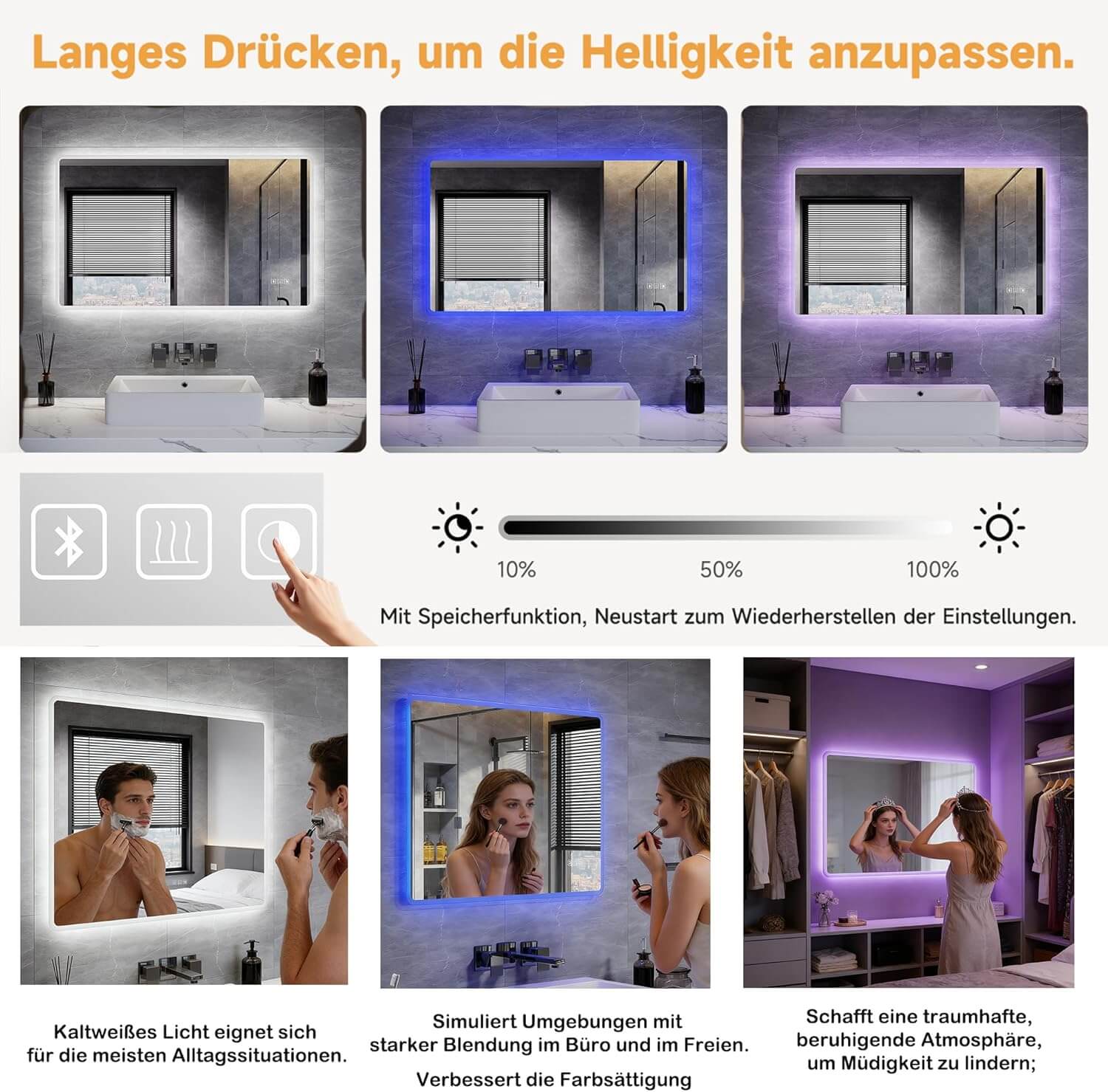 SONNI LED Badspiegel  Wandspiegel mit Beleuchtung(Weißes/Blaues/Violettes Licht), Steckdose und Bluetooth, Anti-Beschlag und Touch-Schalter Kosmetikspiegel Schminkspiegel - Sonni Sanitär GmbH