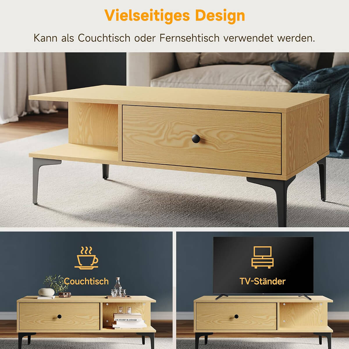 SONNI Couchtisch, Wohnzimmertisch, Kaffeetisch, mit 2 Schublade und 2 offener Fach, modern Holzmöbel für Wohnzimmer, Büro, Schlafzimmer, 100 x 55 x 40 cm, Holzfarbe, Platzsparend, Einfache Montag