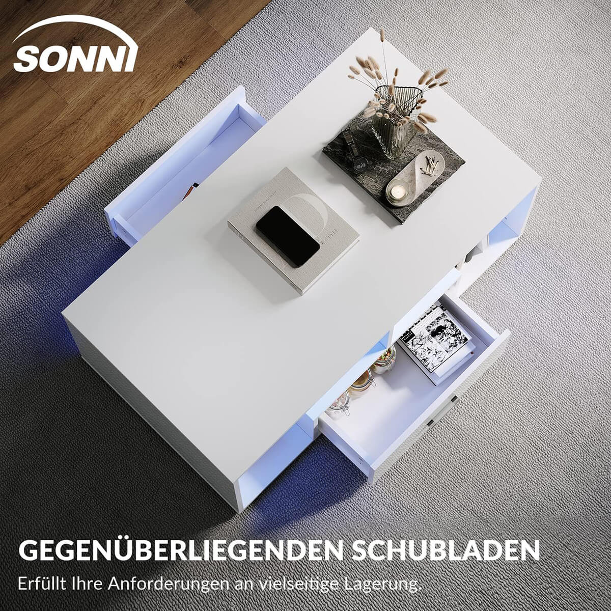 SONNI Couchtisch Hochglanzfront mit LED-Leuchten in 12-Farben und Ablagefach