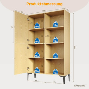 SONNI Vitrinenschrank, Schrank, Bücherschrank, Hochschrank mit 8 Fächern, 2 Türen, 2 höhenverstellbaren Regal für Wohnzimmer, Schlafzimmer, Küche, Esszimmer, Büro, Holzfarbe, 100 x 35 x 160 cm