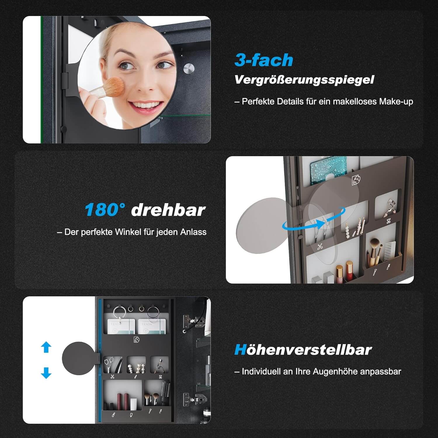 SONNI LED Spiegelschrank mit Kosmetik-Organizer 50x70 cm, Steckdose & 3-fache Vergrößerungsspiegel, 3 Lichtfarben, Dimmbar - Dunkelgrau - Sonni Sanitär GmbH