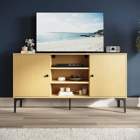 SONNI TV-Schrank, Fernsehtisch, TV-Regal, Lowboard für TV 60 Zoll, mit 2 Schränken, 3 offenen Fächern, 2 Kabellöcher, Metallfüße, für Wohnzimmer, Esszimmer und Schlafzimmer,135x35x70cm, Holzfarbe